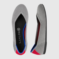 The Flat round toe shoe in Cherry Ribbon Stripe shown from the top alongside a side view showing the outsole.