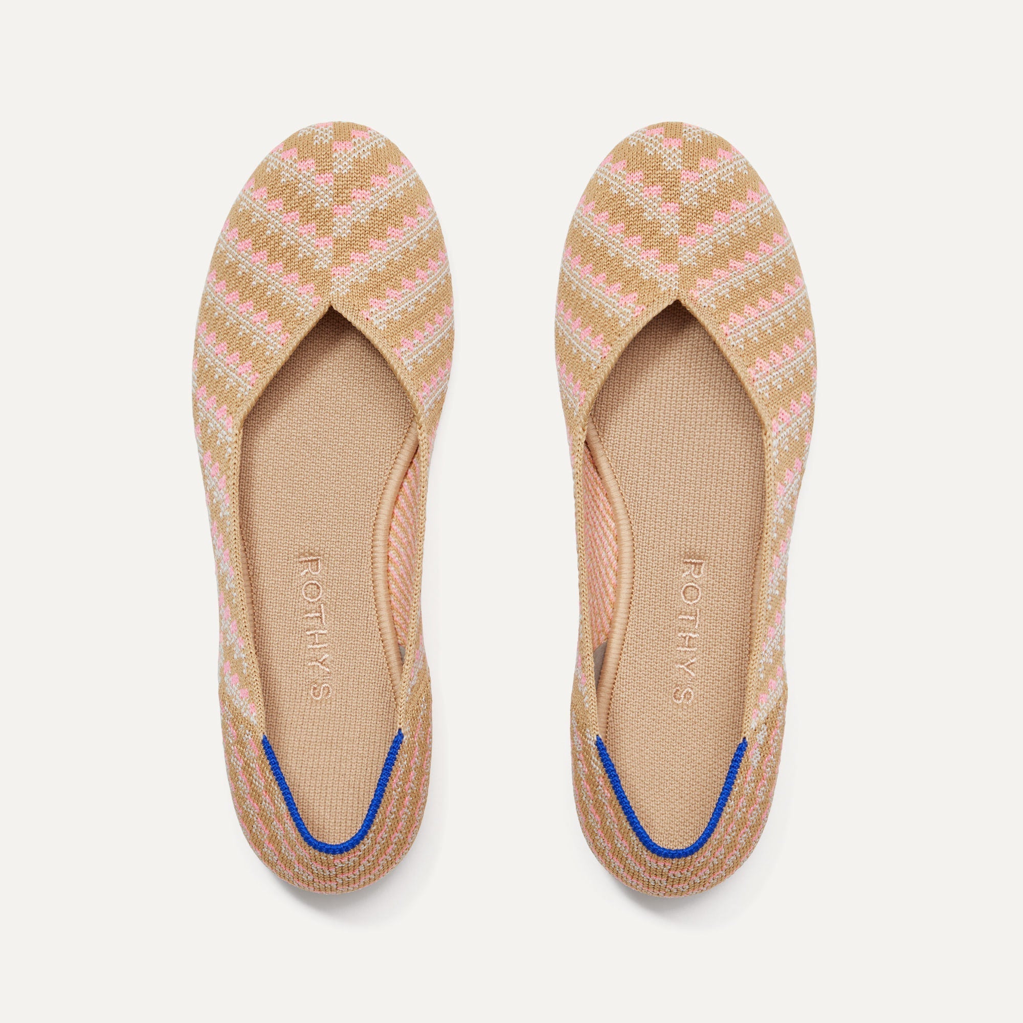A pair of The Flat round toe shoes in Golden Hour shown from the top view.