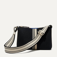 PDP |The Casual Crossbody in Black & Ivory Stripe, shown from the front. 