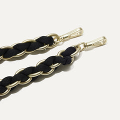 A close-up of The Shoulder Strap in Black, focusing on the end snap hooks. 