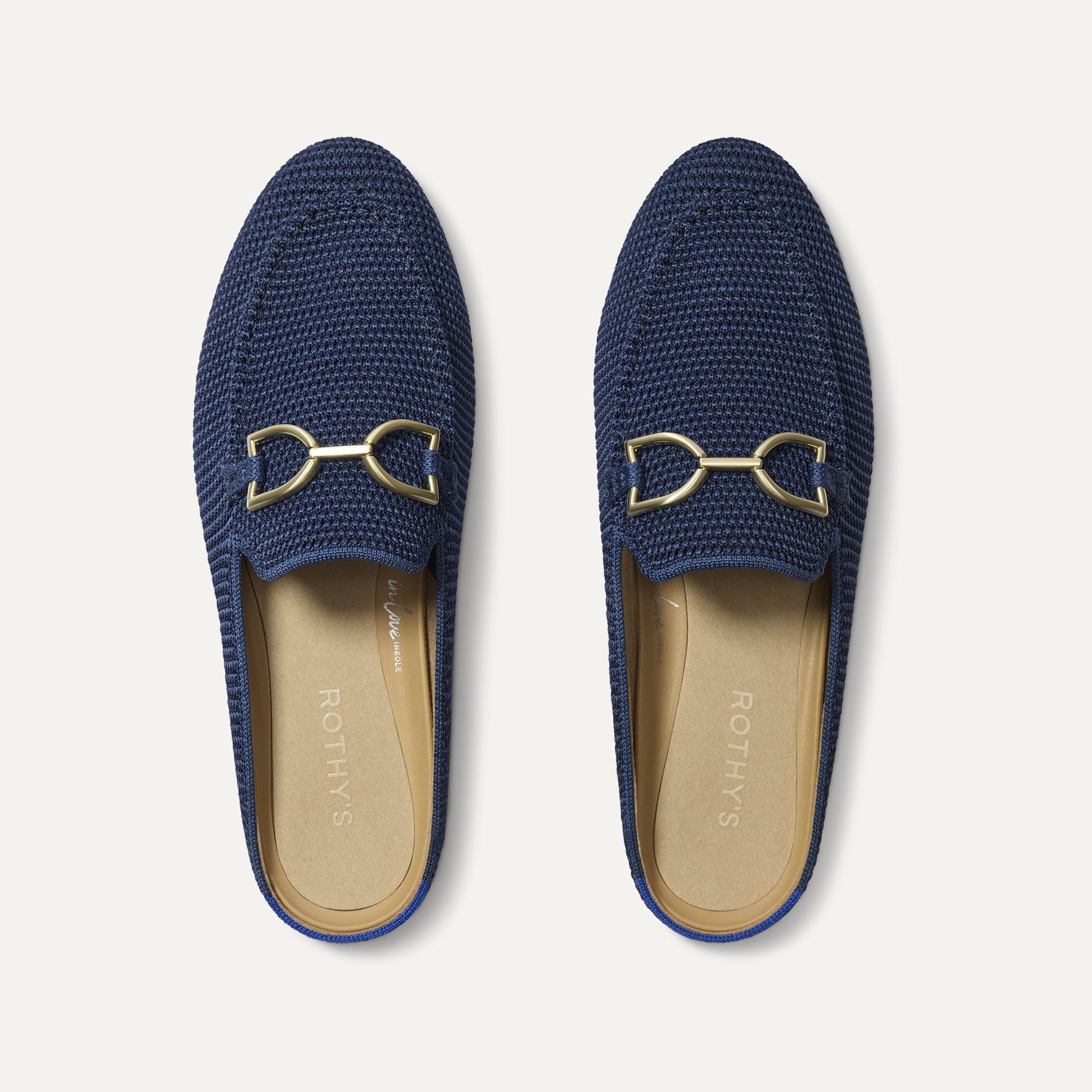 The Double Bit Loafer Mule in Blue Raffia-Knit shown from the top. 