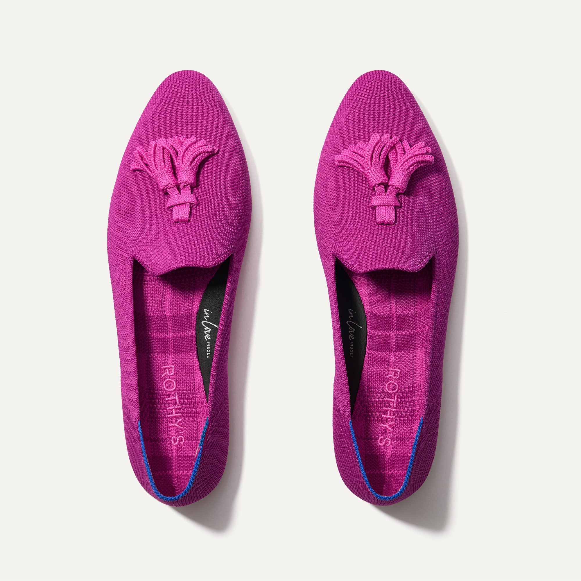 The Almond Tassel Loafer in Pink Bramble shown from the top. 