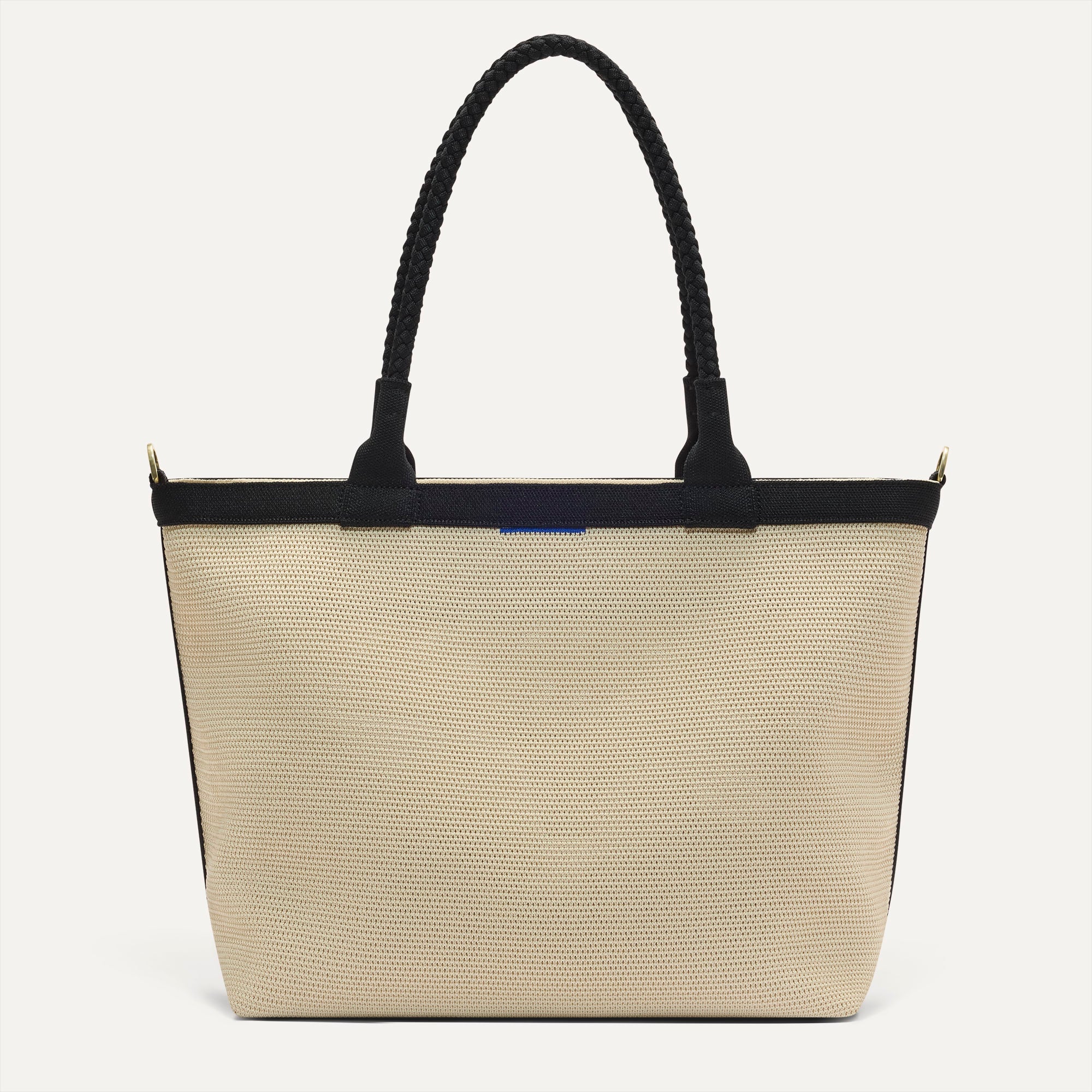 PLP |The Lightweight Zip Tote in Black and White Raffia-Knit shown from the front.