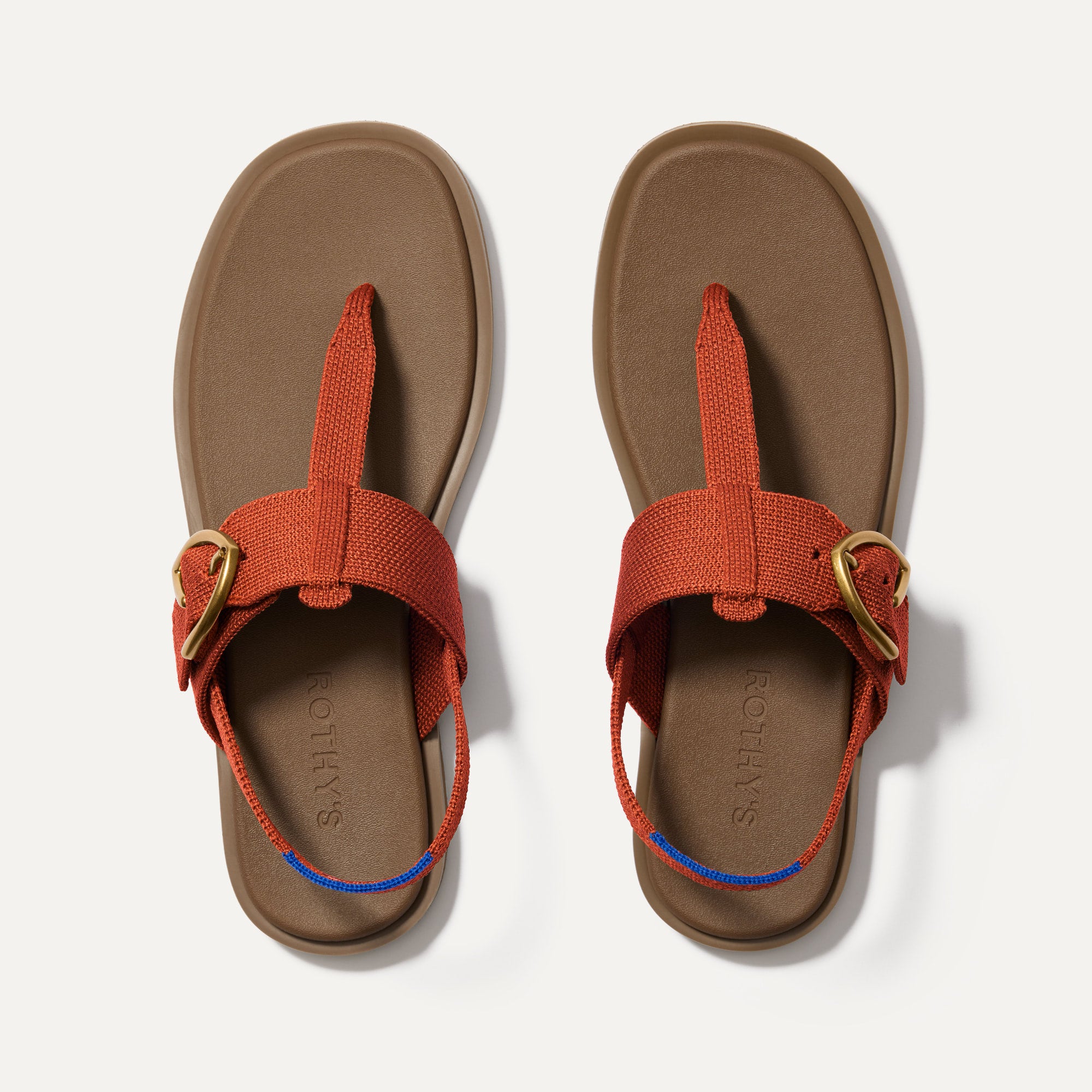 The T-Strap Sandal in Brick shown from the top.