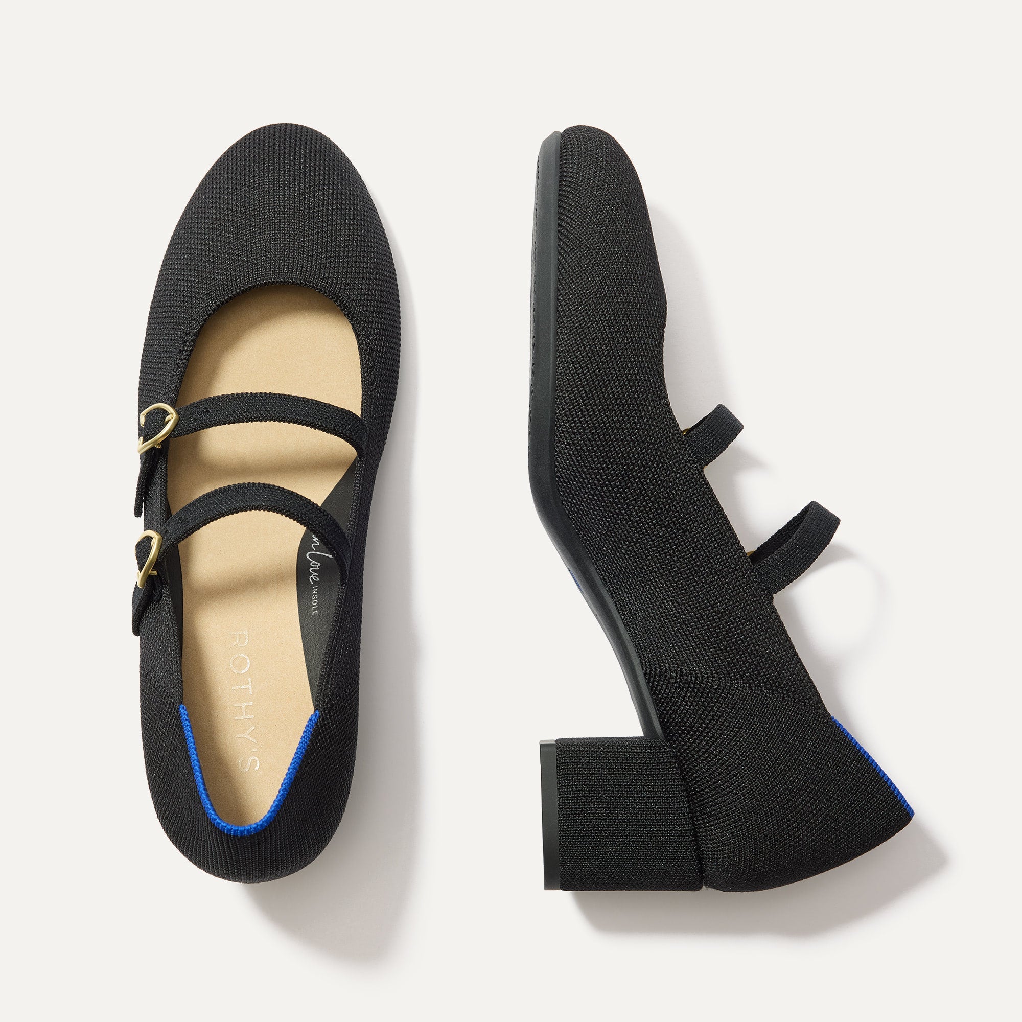 The Double Buckle Mary Jane Heel in Black shown from the top.