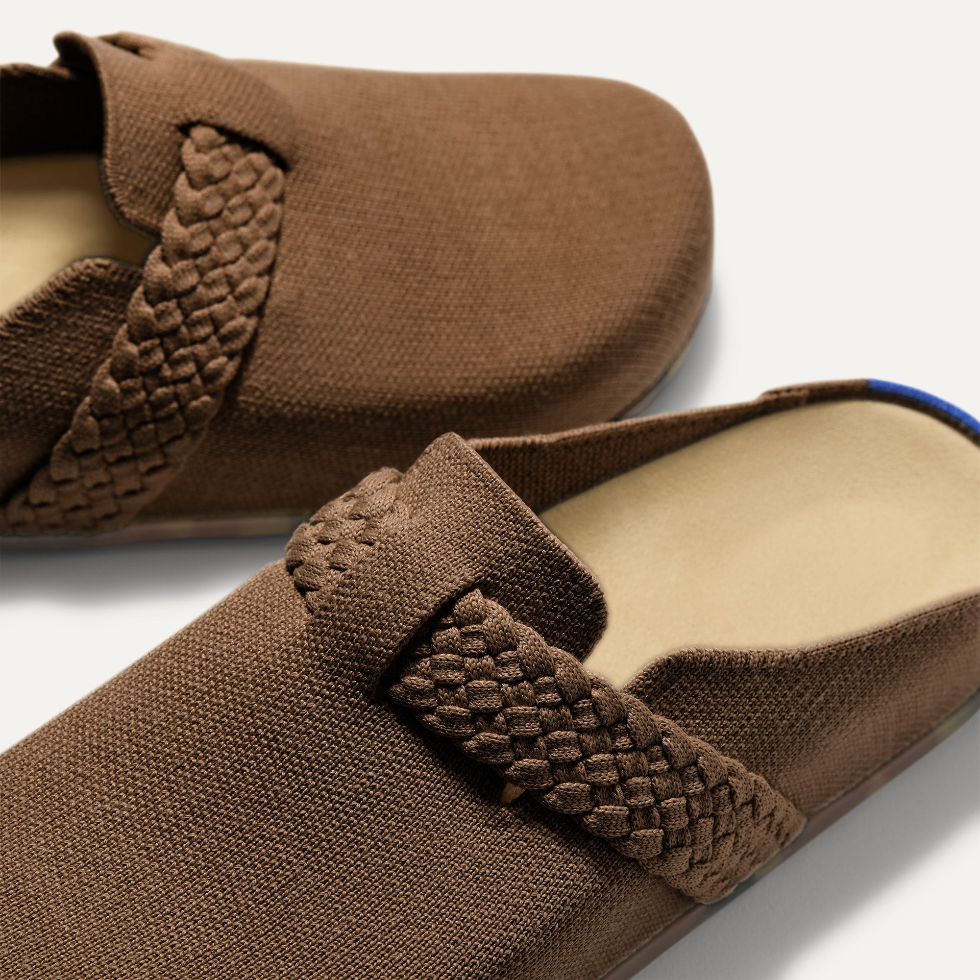 Close up of the braid detail across the top of The Braid Clog in Acorn. 