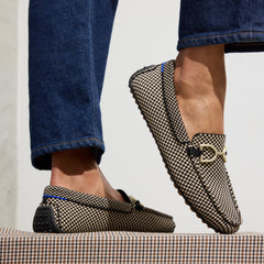 hover | Model wearing The Double Bit Driver in Classic Micro Check. 